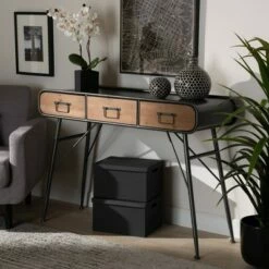 3 Drawer Santo Metal and Oak Finished Wood Console Table Black/Walnut Brown - Baxton Studio -Console Tables Sales unnamed file 2282