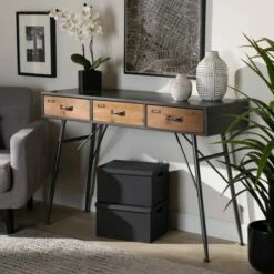 3 Drawer Ariana Wood Metal Console Table Black/Walnut Brown - Baxton Studio -Console Tables Sales unnamed file 2521