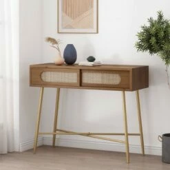 Tuttle Rustic Glam Console Table with Wicker Accents Walnut/Natural/Antique Gold - Christopher Knight Home