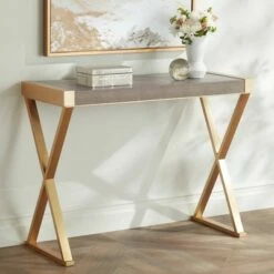 55 Downing Street Modern Gold Rectangular Console Table39" x 16" Gray Wood Tabletop X-Frame Legs Living Room Home Bedroom House
