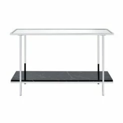 Console Table with Mirror Top and Faux Marble Open Bottom Shelf Silver/Black - Benzara