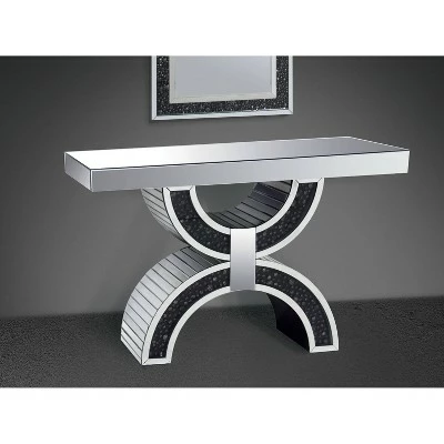 Wood and Mirror Console Table with Geometric Style Base Black/Clear - Benzara 6 Wood and Mirror Console Table with Geometric Style Base Black/Clear - Benzara - Image 4