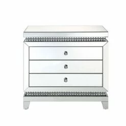 3 Drawer Mirrored Console Table with Faux Crystals Silver - Benzara