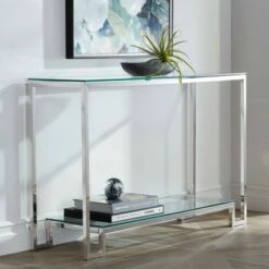 Studio 55D Modern Polished Steel Rectangular Console Table 47 1/2" X 13 3/4" Clear Glass Sliver Living Room House Entryway Balcony