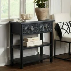 55 Downing Street Country Cottage Wood Console Table 31 1/2" x 13 3/4" with Drawer Black for Living Room Bedroom Bedside Entryway