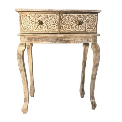2 Drawer Mango Wood Console Table with Floral Carved Front Brown/White - The Urban Port 3 2 Drawer Mango Wood Console Table with Floral Carved Front Brown/White - The Urban Port