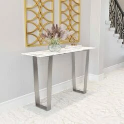 Modern Rectangular Faux Marble Console Table - Stone, Brushed Stainless Steel - Zm Home -Console Tables Sales unnamed file 5707