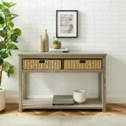 Mission Entry Table with Woven Baskets - Saracina Home Rustic Oak